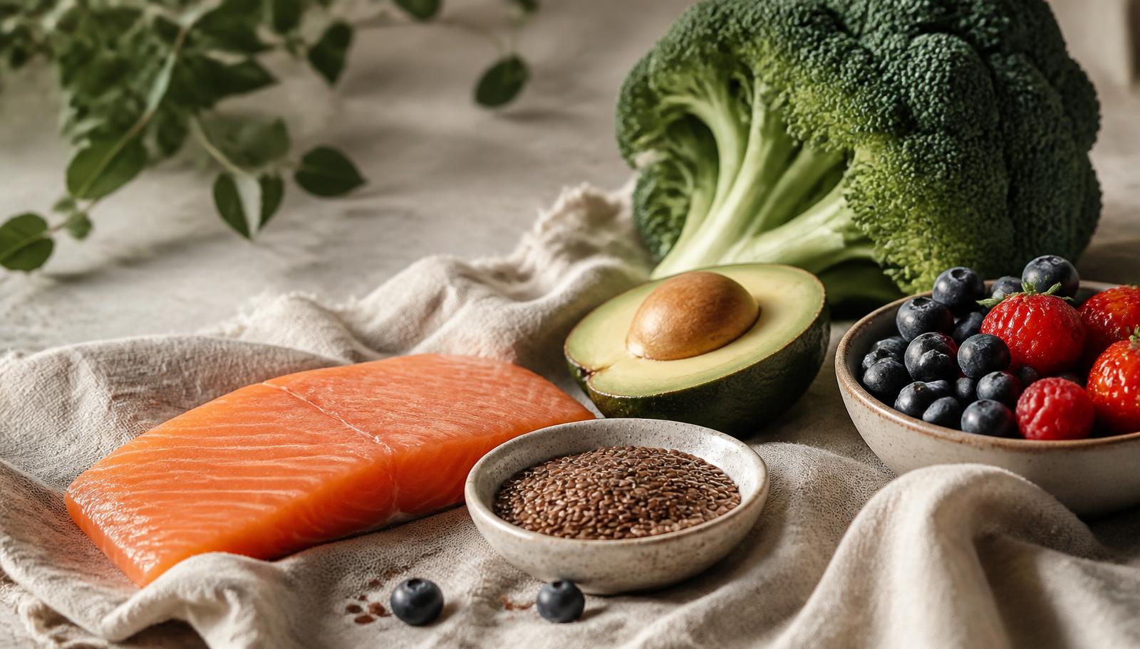 Salmón fresco, aguacate, semillas de linaza, brócoli y frutos rojos sobre lino natural, alimentos que apoyan el equilibrio hormonal