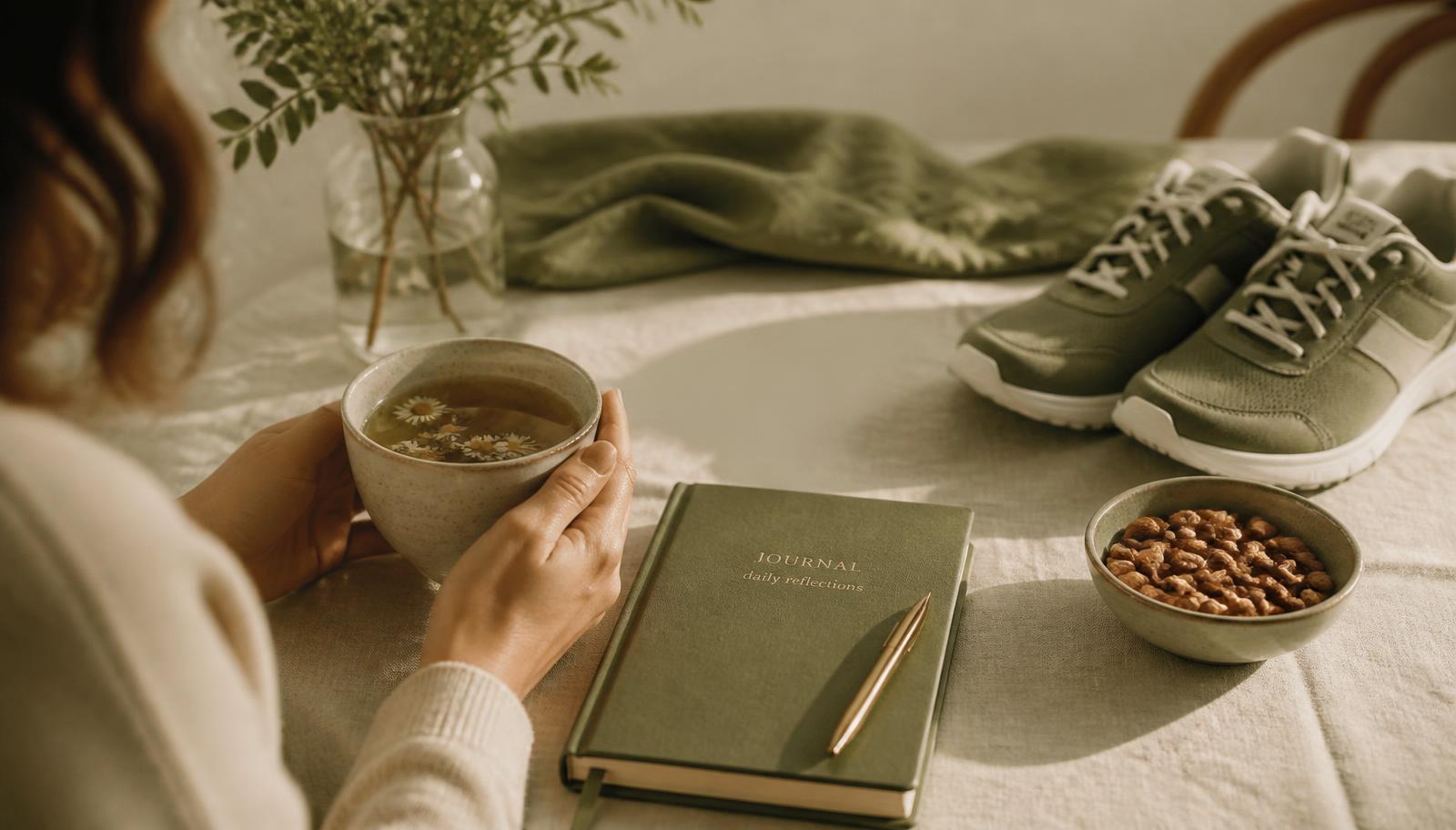Mujer sosteniendo una taza de infusión junto a un diario, frutos secos y zapatillas para caminar, hábitos diarios para el equilibrio hormonal