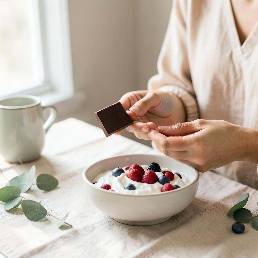 Mujer disfrutando una porción de chocolate oscuro junto a un bowl de yogur griego con frutos rojos