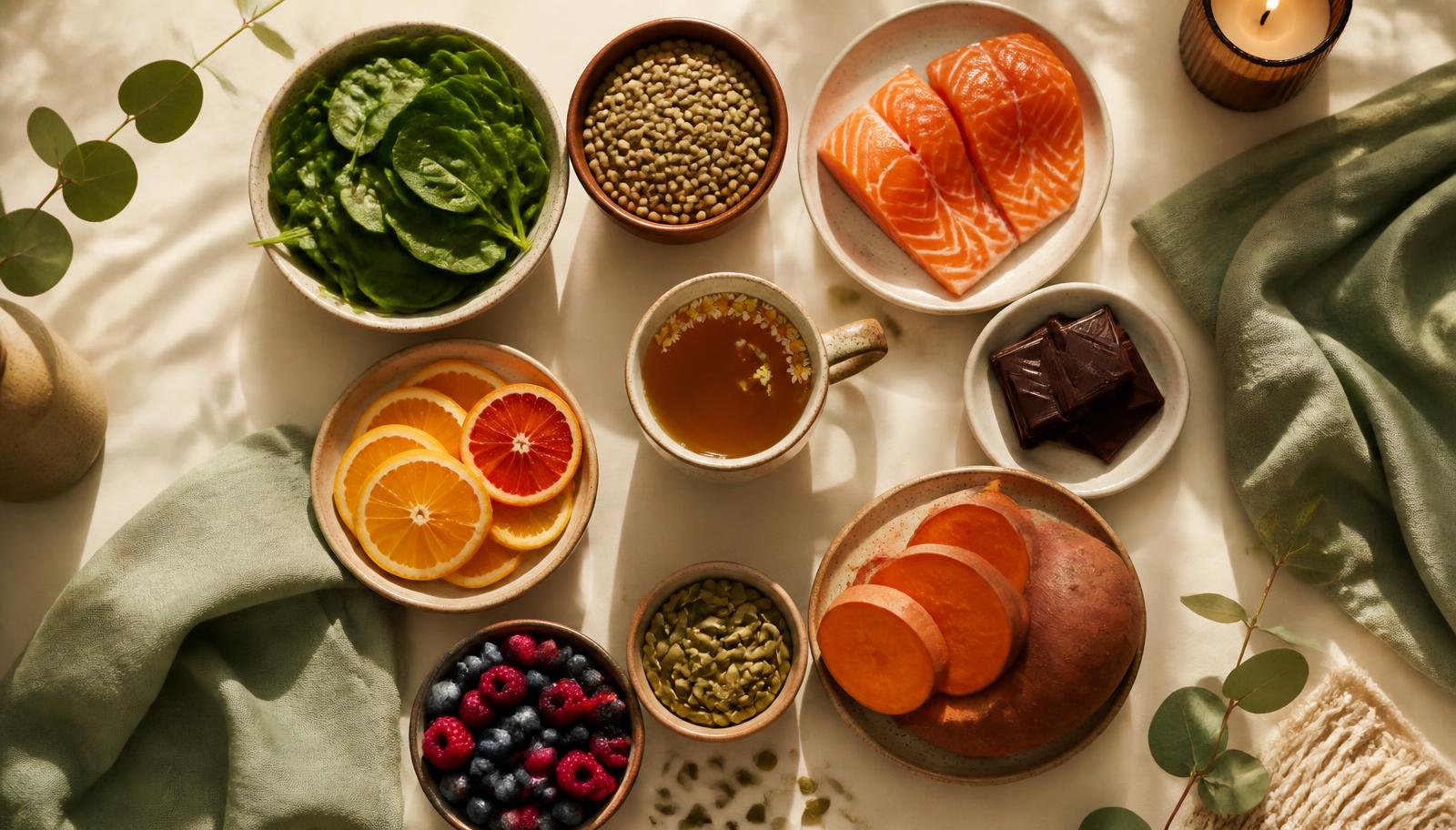 Alimentos organizados en círculo sobre mantel de lino con salmón, legumbres, verduras, frutas y té, representando nutrición para cada fase del ciclo menstrual