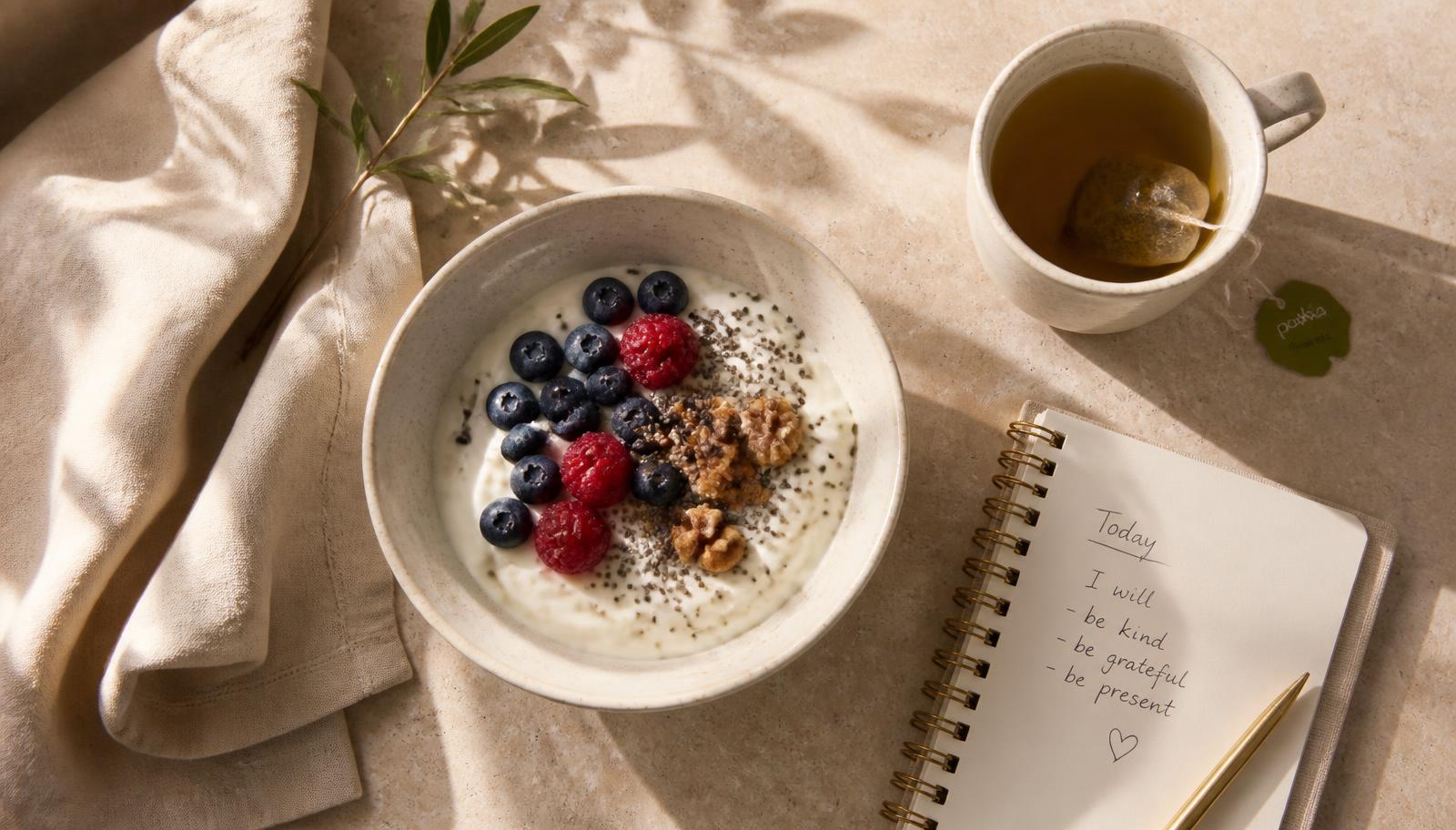 Bowl de yogur griego con frutos rojos, nueces y semillas de chía junto a una taza de té y un diario sobre mesa de lino