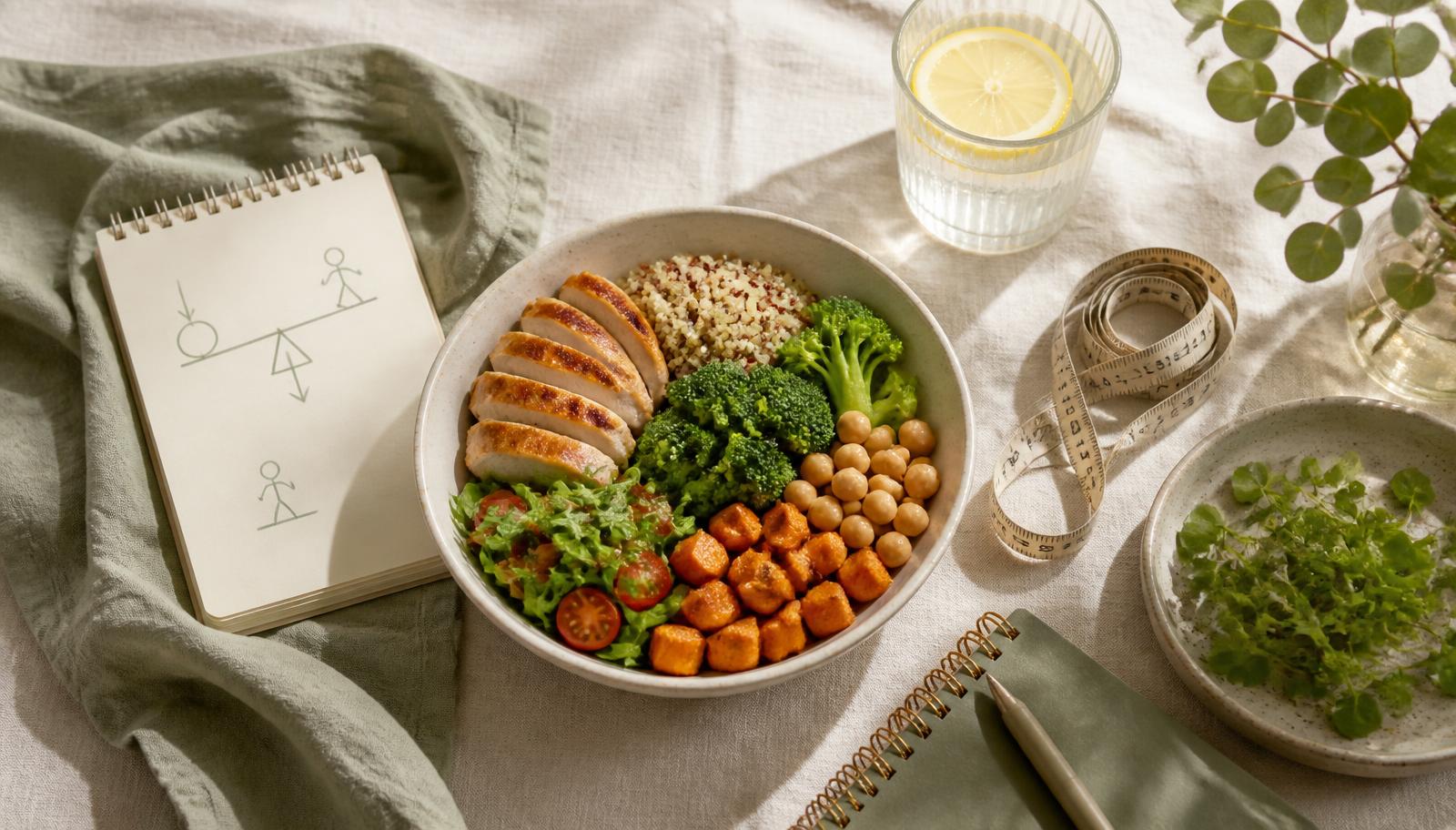 Bowl balanceado con pollo, brócoli, garbanzos, camote y quinoa junto a un vaso de agua con limón, cinta métrica y cuaderno