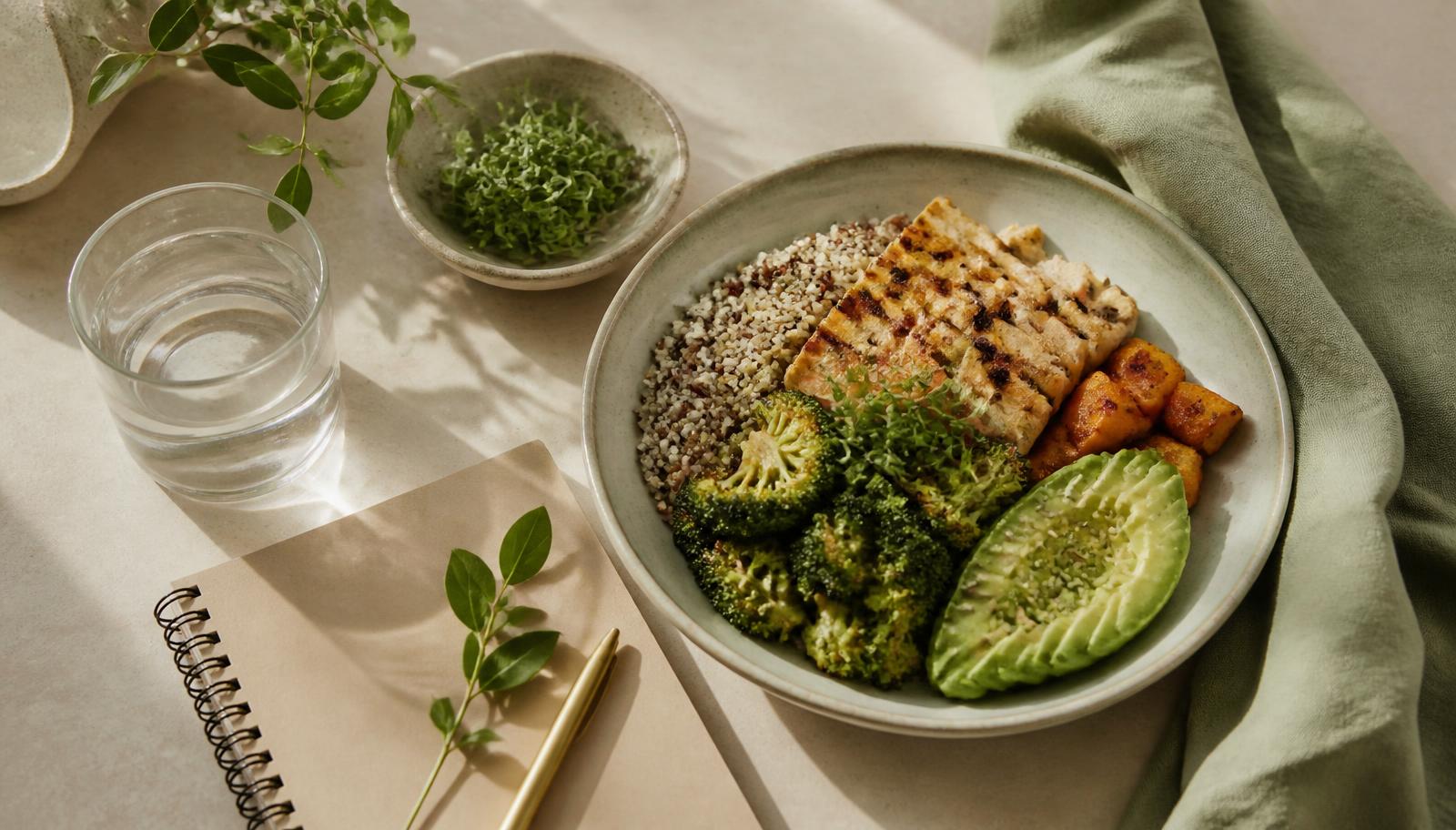 Bowl balanceado con pollo a la plancha, quinoa, brócoli y aguacate junto a un vaso de agua y un cuaderno de hábitos