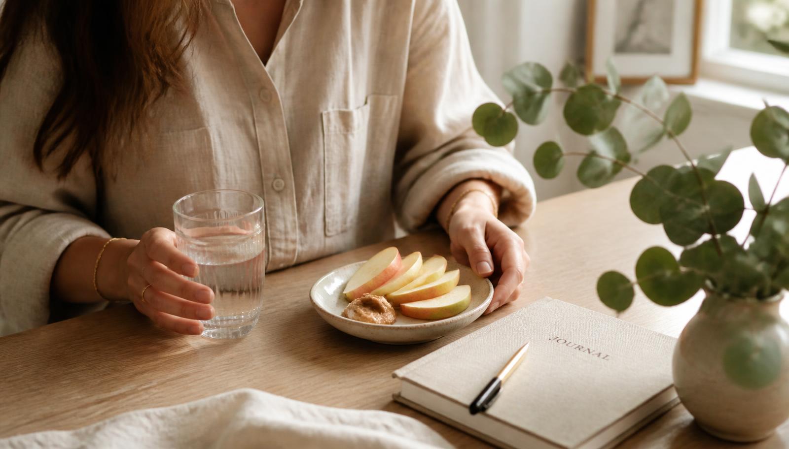 Mujer sosteniendo un vaso de agua junto a un plato con rodajas de manzana y mantequilla de almendras sobre mesa de madera