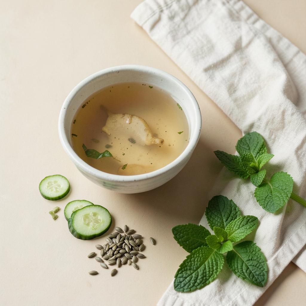 Taza de té de jengibre con rodajas de pepino, semillas de hinojo y hojas de menta fresca sobre fondo beige