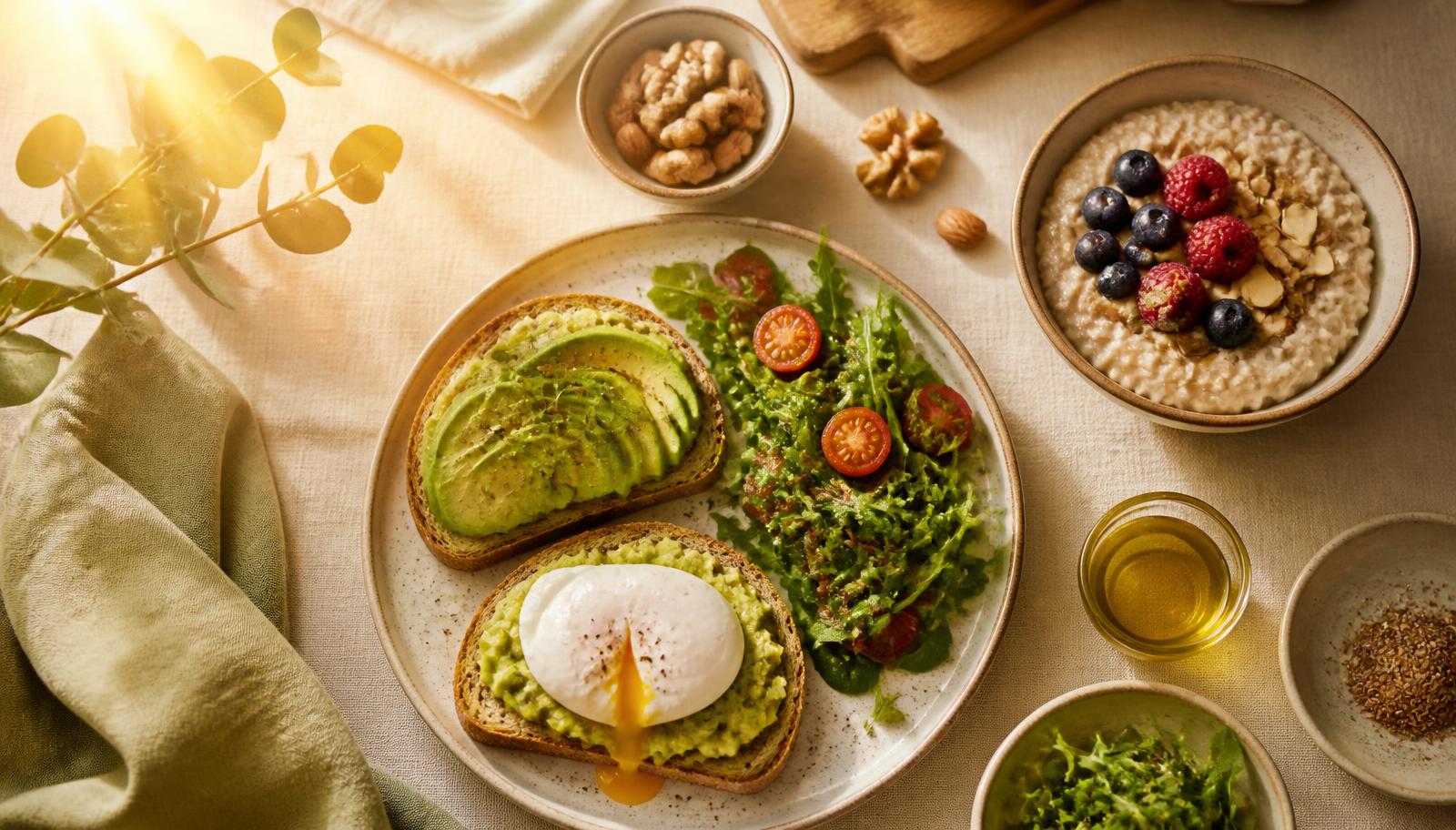 Desayuno balanceado con proteína, aguacate, huevo y cereales integrales que ayuda a estabilizar la glucosa e insulina