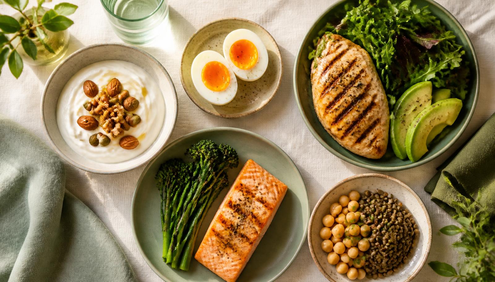 Variedad de fuentes de proteína saludable incluyendo huevos, salmón, pollo, yogur griego, legumbres y aguacate sobre mantel de lino