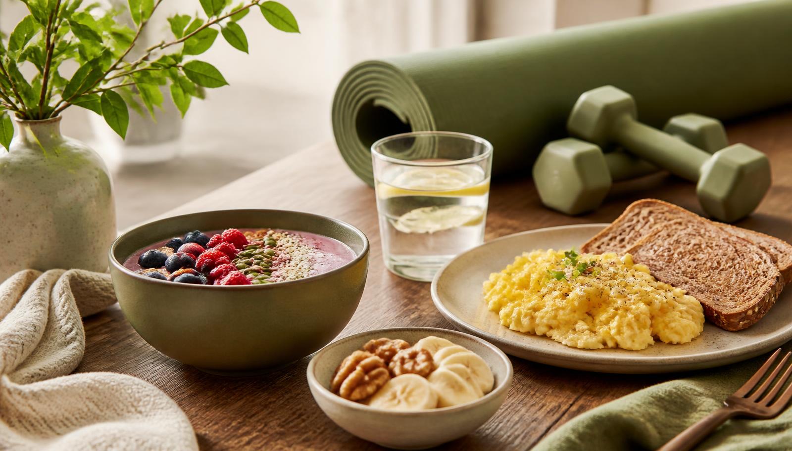 Desayuno de recuperación después de entrenar con batido de frutos rojos, huevos revueltos, pan integral, agua con limón, nueces, plátano y equipo de Pilates
